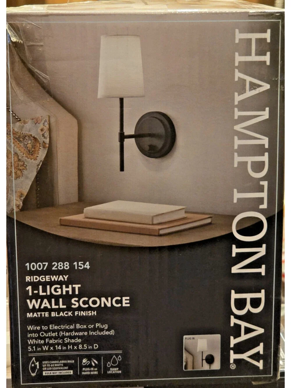 Hampton Bay Ridgeway 1-Light Matte Black Wall Sconce Bathroom/Bedroom/Living #1